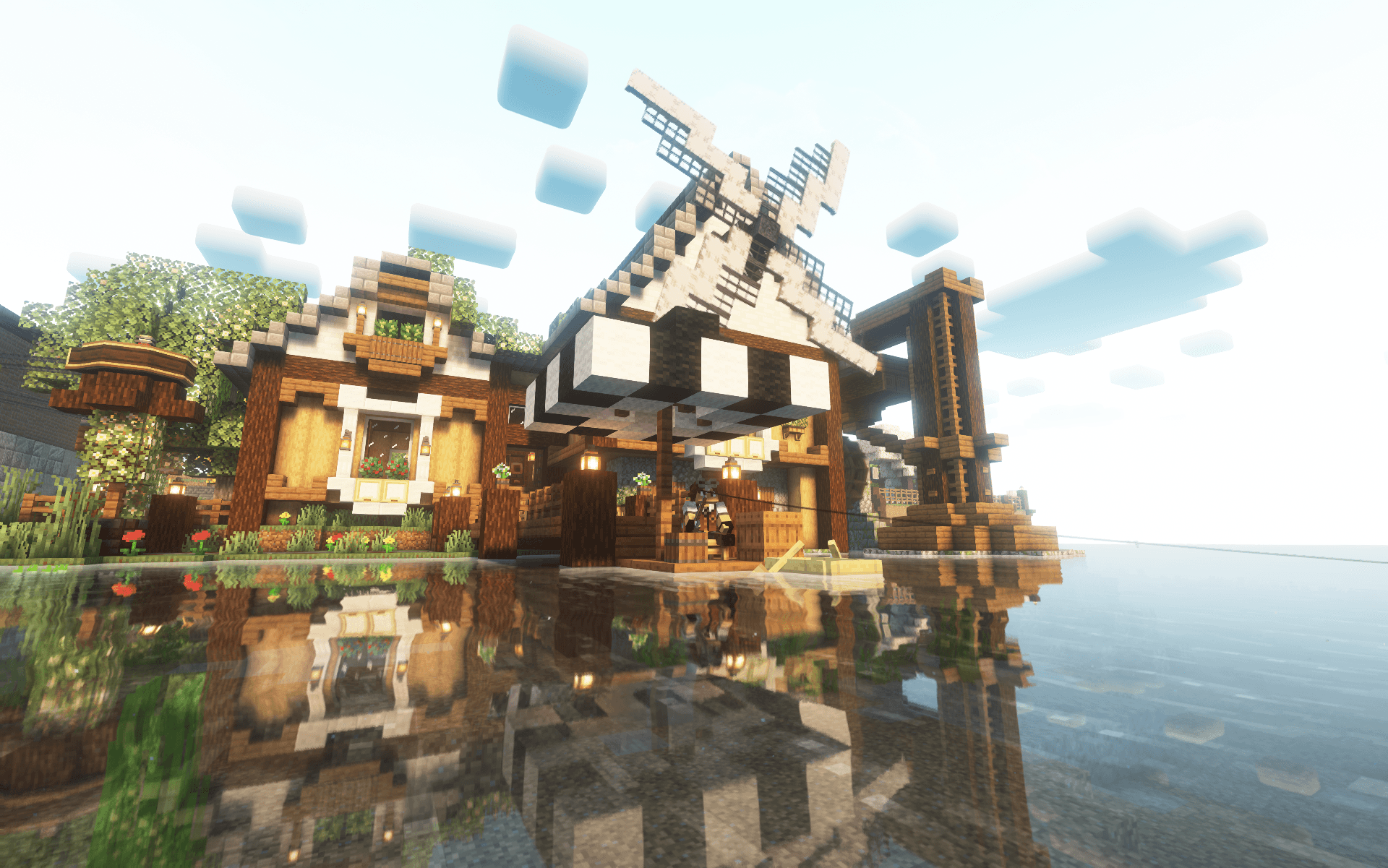 Minecraft player fishing at the harbor